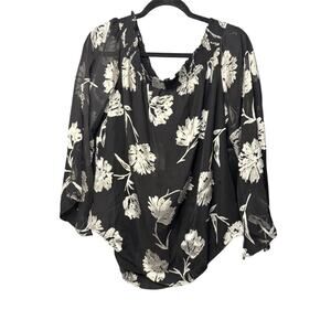 White House Black Market Black and Silver Floral Blouse Polyester Women Size XL